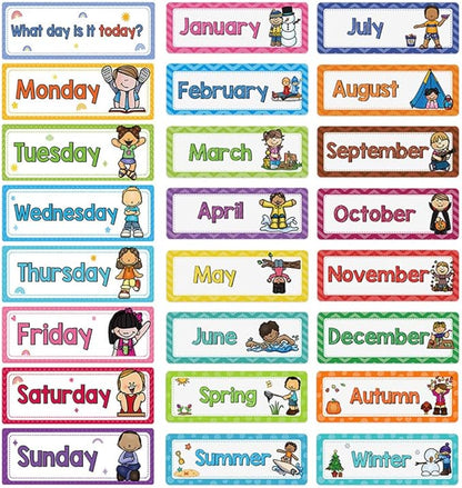 Lachilly 24 Pcs, 3 Themes Days of The Week/Seasonal/Months of The Year Flash Cards Subject Titles for Bulletin Board Headliners Classroom Decoration English Words