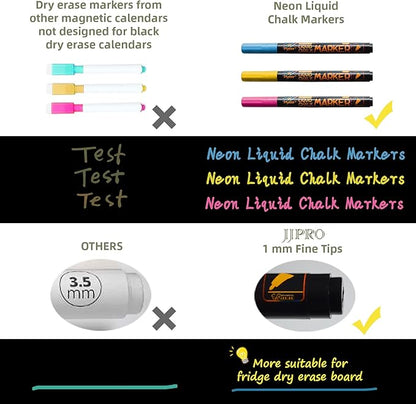 Magnetic Chalkboard Monthly Calendar with neon Bright Liquid Chalk Markers – Black Refrigerator Monthly Planning Board w/Bonus - Grocery List and Notepad for Kitchen Refrigerator