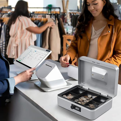 KYODOLED Large Cash Box with Combination Lock,Safe Metal Box for Money, Storage Lock Box with Money Tray,9.84"x 7"x 3.54" Lightgrey Large