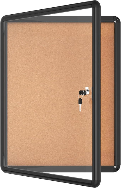 26"x20" Enclosed Bulletin Board, Lockable Weather-Resistant Aluminum Cork Noticeboard for School & Office, Black Frame w/Cork