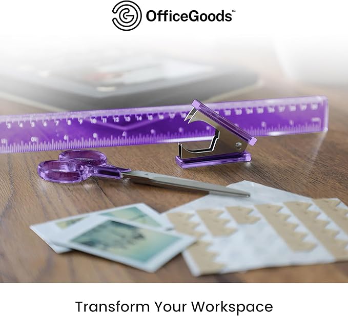 OfficeGoods 3 Piece Acrylic Desk Set - Includes Ruler, Staple Remover, Scissors - Functional & Elegant Desk Accessories - Stationery Tools for Home, Office, and School - Purple with Silver Metal