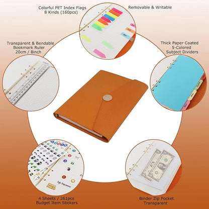 HXRTANGS PU Leather Notebook Binder Set A5, Refillable Writing Journal Planner Organizer with Paper Refills, Index Flags, Subject Dividers, Budget Stickers, Zipper Pocket and Bookmark Ruler, Orange