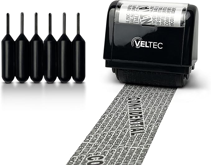 Veltec ID Protector Ink Roller - Identity Theft Protection Roller Stamp Set (Black, Stamp+6 Refills)