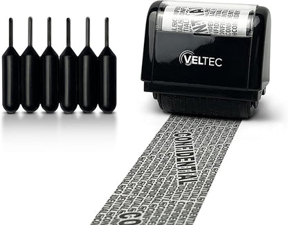 Veltec ID Protector Ink Roller - Identity Theft Protection Roller Stamp Set (Black, Stamp+6 Refills)