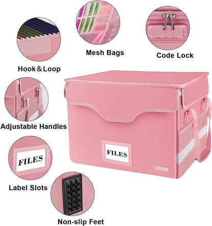 DocSafe File Box Fireproof Document Box with Lock,File Storage Organizer Box with Insert Pockets,Collapsible Portable File Box Home Office File Cabinet Safe for Hanging Letter/Legal Folder,Pink,2 Pack