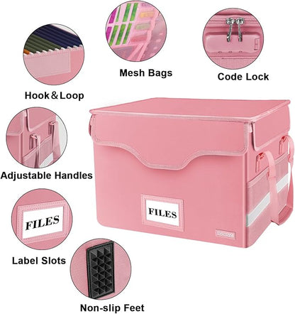 DocSafe File Box Fireproof Document Box with Lock,File Storage Organizer Box with Insert Pockets,Collapsible Portable File Box Home Office File Cabinet with Handle for Hanging Letter/Legal Folder,Pink
