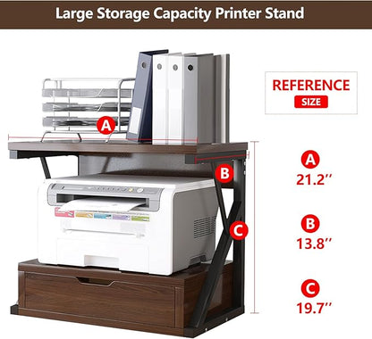 Printer Stand for Desk,2 Tier Desktop Printer Stand,Home Printer Stand with Storage Drawer,Small Printer Table,Desk Organizer Shelf for Top of Desk,Printer Rack for Fax Machine,Scanner-Walnut