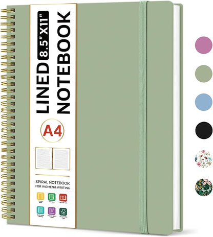 Taja Spiral Lined Notebook, 8.5"x11" Notebooks for Work, Large A4 Journal for Women & Men, College Ruled Journaling Notebook for Writing, Plastic Cover Spiral Journal, Green