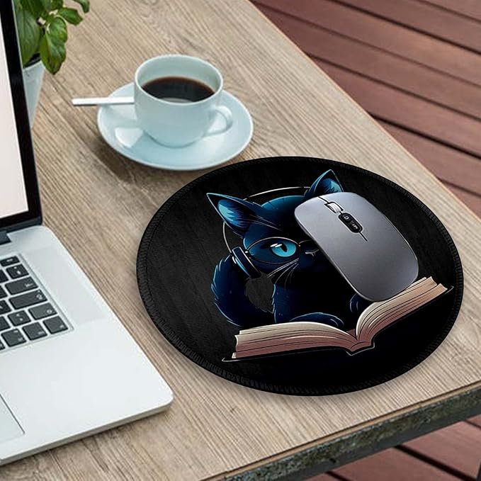 Gctriki Black Cat Round Mouse Pad for Desk Gaming Office Laptop, Funny Small Computer Mousepad with Stitched Edge Non-Slip Rubber Base, Cute Cat Office Decor Desk Accessories Supplies