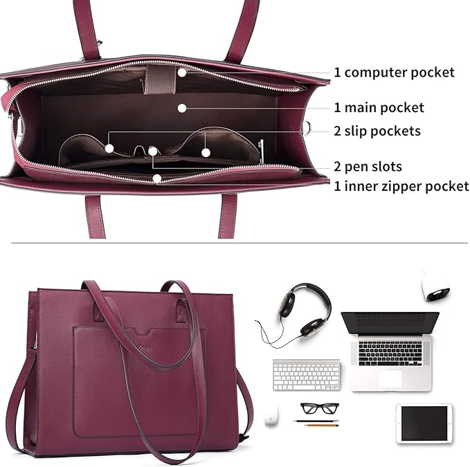 Telena Laptop Tote Bag for Women, 15.6 Inch Shoulder Tote Bag Leather Briefcase for Women, Large Capacity Handbag Bags