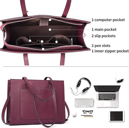 Telena Laptop Tote Bag for Women, 15.6 Inch Shoulder Tote Bag Leather Briefcase for Women, Large Capacity Handbag Bags