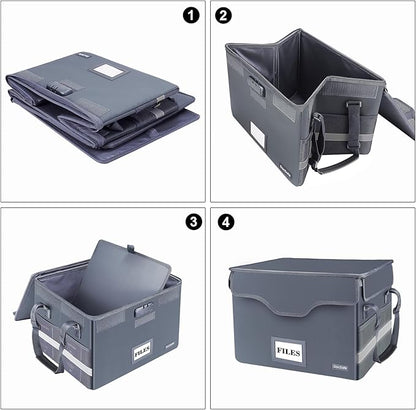 DocSafe File Box Fireproof Document Box with Lock, File Storage Organizer Box with Pockets,Collapsible Portable File Box Home Office File Cabinet with Handle for Hanging Letter/Legal Folder,Gray