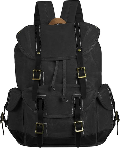 Backpack for Men Heavy Duty Waxed Canvas Vintage Women Trim Casual 15.6" laptop Travel Backpack-Black