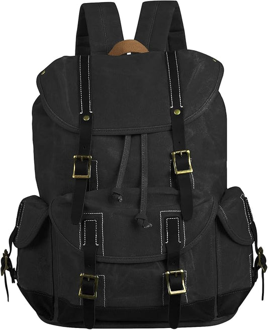 Backpack for Men Heavy Duty Waxed Canvas Vintage Women Trim Casual 15.6" laptop Travel Backpack-Black