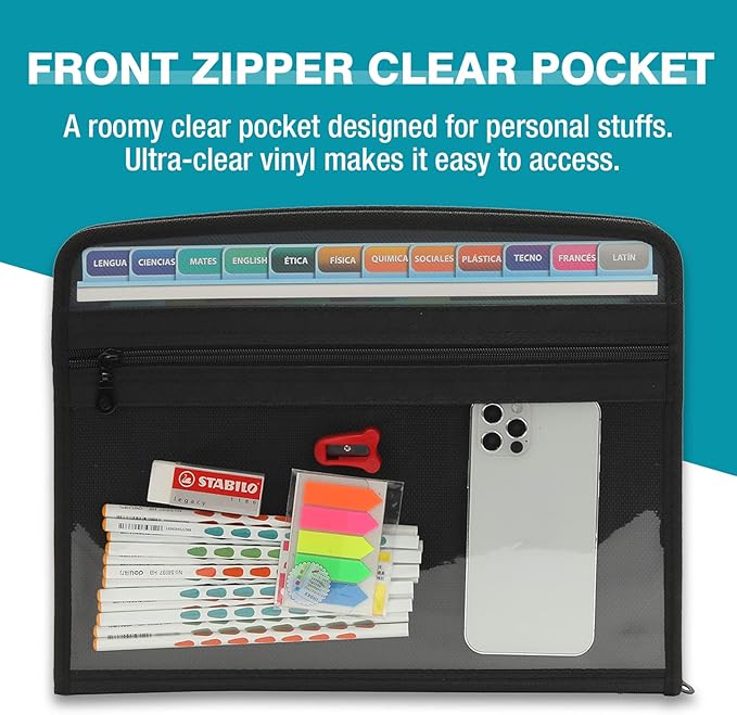 H4D 13 Pocket Expanding File Folder Organizer with Front Clear Pounch, Accordion File Organizer with Zipper Clourse, Fit for Letter Size Papers, Black