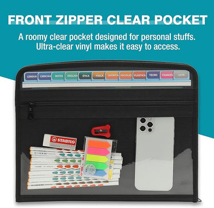 H4D 13 Pocket Expanding File Folder Organizer with Front Clear Pounch, Accordion File Organizer with Zipper Clourse, Fit for Letter Size Papers, Black