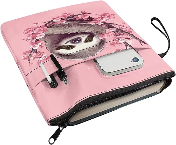 COEQINE Sloth Book Sleeve for Women Pink Cherry Blossom Book Covers for Hardcover Paperbacks Front Pocket Zipper Book Cover Case