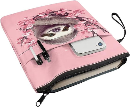COEQINE Sloth Book Sleeve for Women Pink Cherry Blossom Book Covers for Hardcover Paperbacks Front Pocket Zipper Book Cover Case