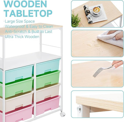 8 Drawers Rolling Storage Cart with Wooden Top, Multipurpose Utility Cart with Opening Shelf & Lockable Wheels, Storage Drawer Cart Organizer for Home Office Craft Room Classroom, Rainbow