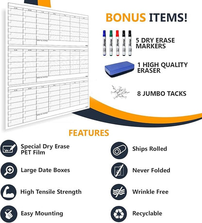 Dry Erase Laminated 3 Months Jumbo Calendar 36"x48"