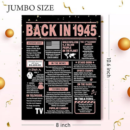 80th Birthday Card, 80th Birthday Decorations for Women, 80th Birthday Gifts for Mom, Back in 1945 Birthday Card, Rose Gold