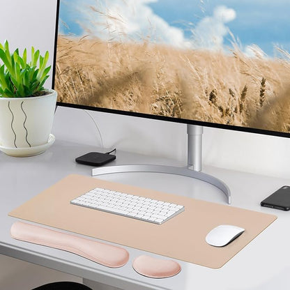 Bloss Leather Desk Pad and Keyboard Wrist Rest, Large Mouse Pad + Keyboard Pad+Mouse Wrist Support, Non-Slip Desk Mat Protector for Office, Home (35.4×15.7 Inches,Beige)