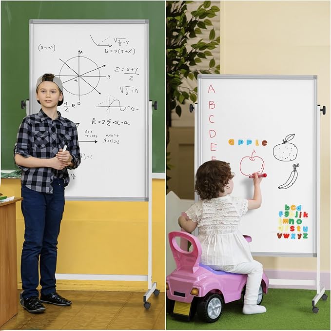 Mobile Whiteboard 32 x 48 inches Height Adjustable Dry Erase White Board, Standing Easel Whiteboard on Wheels, Double-Sided Magnetic Whiteboard with Stand for Office, Home, and Classroom