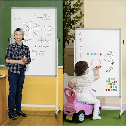 Mobile Whiteboard 32 x 48 inches Height Adjustable Dry Erase White Board, Standing Easel Whiteboard on Wheels, Double-Sided Magnetic Whiteboard with Stand for Office, Home, and Classroom