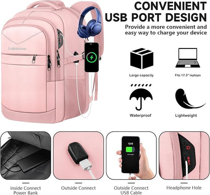 Lapsouno Extra Large Backpack, Carry on Backpack for Women, TSA 17.3 Inch Travel Laptop Backpack with USB Port,College School Business Backpack for Women, Light Pink