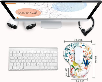 JIKIOU Mouse Pad, 2 Pack Ergonomic Mouse Pads with Comfortable Gel Wrist Rest Support and Lycra Cloth, Non-Slip PU Base for Easy Typing Pain Relief Durable and Easy to Clean Small White Flowers