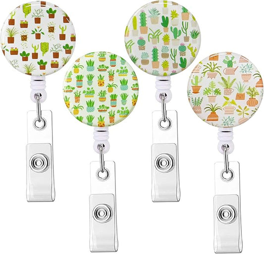 Retractable Badge Reel Clip, Badge Holder with Alligator Clip, Cute Badge Clip on ID Name Card Holders for Nurse Doctor and Office (4Pack Cute Cactus)