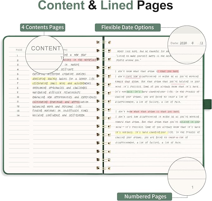 EMSHOI A5 Spiral Notebook Lined Journal for Women Men - Thick 100GSM 140 Numbered Pages College Ruled, PU Leather Hardcover Notebook for Work School Journaling Writing Gift, 6"x8" (DarkGreen)