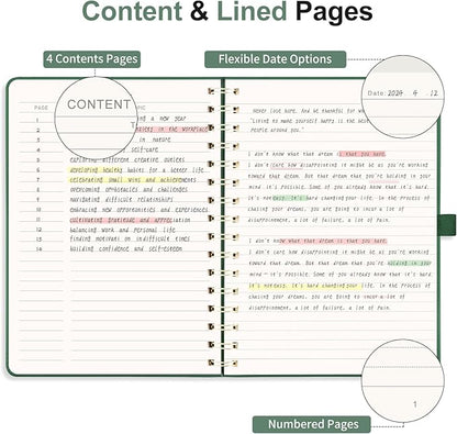 EMSHOI A5 Spiral Notebook Lined Journal for Women Men - Thick 100GSM 140 Numbered Pages College Ruled, PU Leather Hardcover Notebook for Work School Journaling Writing Gift, 6"x8" (DarkGreen)