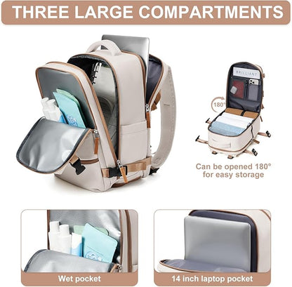 Travel Backpack Simple Durable Carry On Backpack with Shoe Compartment, Personal Item Travel Bag Flight Approved, Water Resistant Laptop Backpack for Women Men Weekender Business, Beige