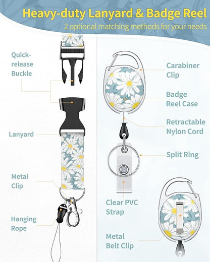 Uniclife Floral Sliding Badge Holder Daisy Flower Plastic Case with Retractable Badge Reel Carabiner Clip & Detachable Lanyard Strap Fashionable Vertical Card Protector for Women Nurse Teacher Student