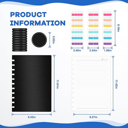 Discbound Notebook, 8-Disc Disbound Planner with Removable Pages, 180 Pages Spiral Notebook, Poly Cover Discbound Planner for Work, Travel, Note Taking(With Index Sticker),Black, A4