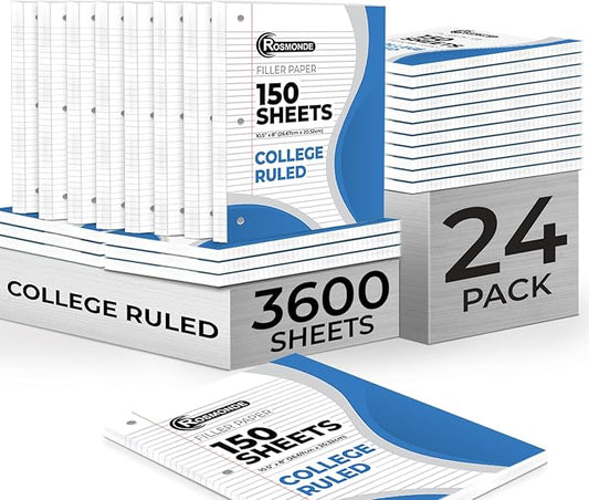 Bulk Loose Leaf Paper, 3600 Sheets, College Ruled Paper, Bulk Filler Paper for Office, 8 x 10.5", 3 Hole Punched, 56 Gsm Thick Paper, 24 Pack, 150 Sheets/Pack, Bulk Notebook Paper for School
