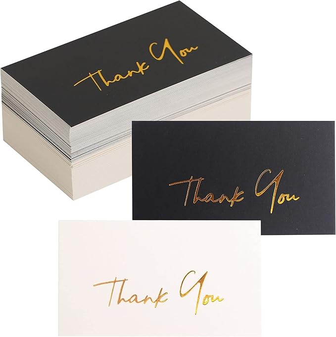 Gold Mini Thank You Cards Small Business - 100 PK - Flat Card No Fold, 2 x 3.5 Inches Thank You for Your Order Cards Thank You for Your Support Cards for Wedding Black and Off White Color