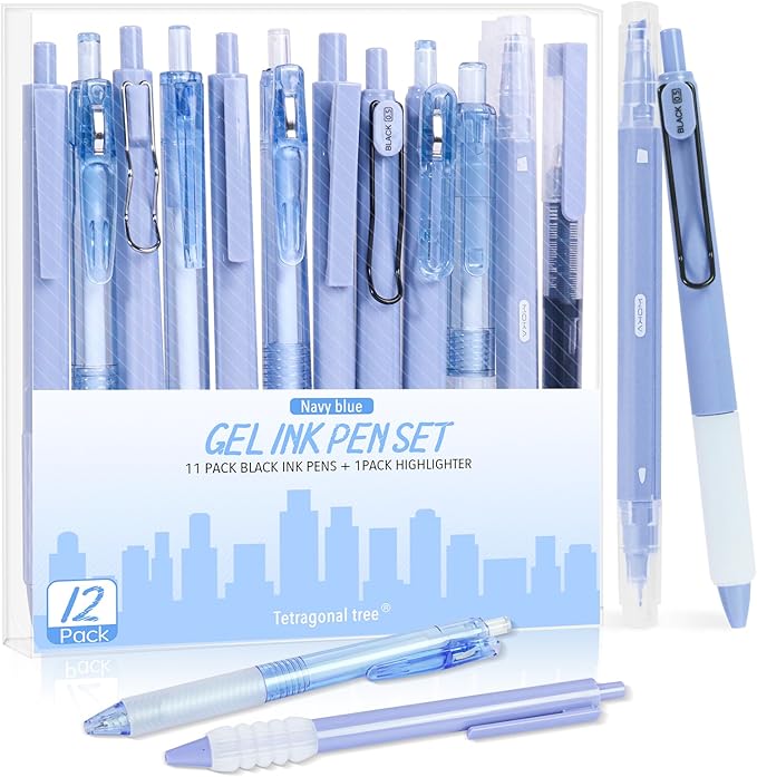 Tetragonal tree- 12Pcs Gel Pens Set, 11Pcs Black Ink Pens and 1Pcs Highlighter, Retractable 0.5mm Fine Point Cute Note Taking Pens for Office School (Navy bluen)