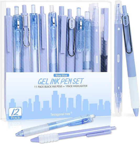 Tetragonal tree- 12Pcs Gel Pens Set, 11Pcs Black Ink Pens and 1Pcs Highlighter, Retractable 0.5mm Fine Point Cute Note Taking Pens for Office School (Navy bluen)