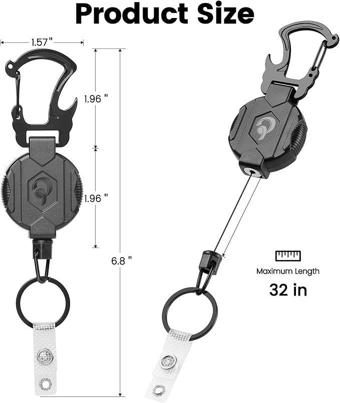 1 Pack Retractable Keychain Heavy Duty Carabiner Badge Holder with Magnetic Closure, Tactical ID Badge Reel for Men with 32” Steel Retractable Cord, Bearing 17 OZ