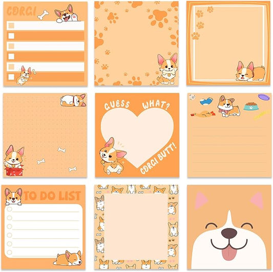 9 Pads Cute Sticky Notes Cartoon Animal Self Stick Notepads 3x3 Inches Notes Adhesive Memo Pad Office Decor Gifts for Students School Office Meeting(Corgi)