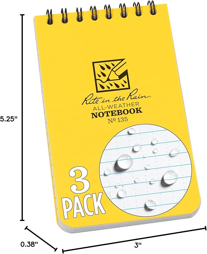 Rite in the Rain Weatherproof Top Spiral Notebook, 3" x 5", Yellow Cover, Universal Pattern, 3 Pack (No. 135-3X)