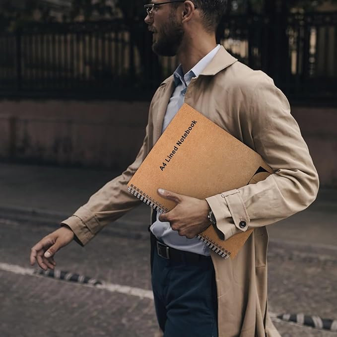 A4 Lined Spiral Notebook, 2 Pack Large Spiral Journal for Writing, 200 Pages 100gsm Thick Lined Paper Notebooks for Work, Class, Taking Notes, Drawing - Kraft Brown Cover, 8.5" x 11"
