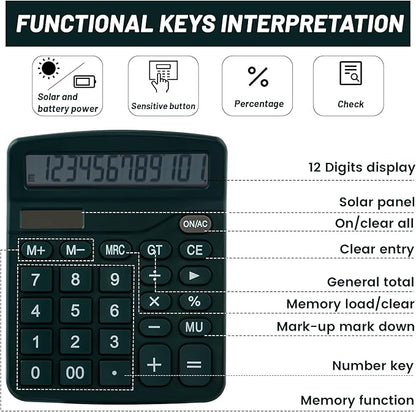 Golcellia Calculators Desktop, Dark Green Calculator, Cute Calculator 12 Digit Desk Calculator Large Display, Dual Power Solar Battery, Office Home School Supplies for Adults & Students