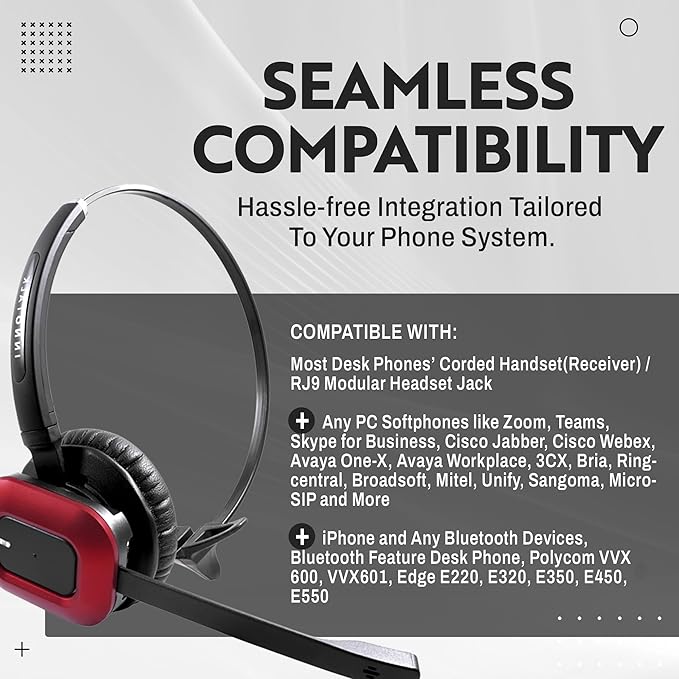INNOTALK – Computer & Desk Wireless Bluetooth Phone Headset, Office Wireless Headset for Desk Phone & PCs & Bluetooth, Handsfree Headset & RJ9 Adapter, 300 Ft. Long Range Wireless Headset