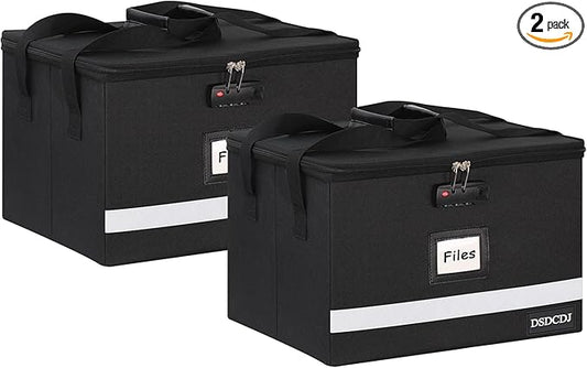 File Box with Lock 2 Pack - Portable File Box with Handle, Sturdy Important Document Organizer with Label, Slide, Reflective Strip for Hanging Letter/Legal Folder