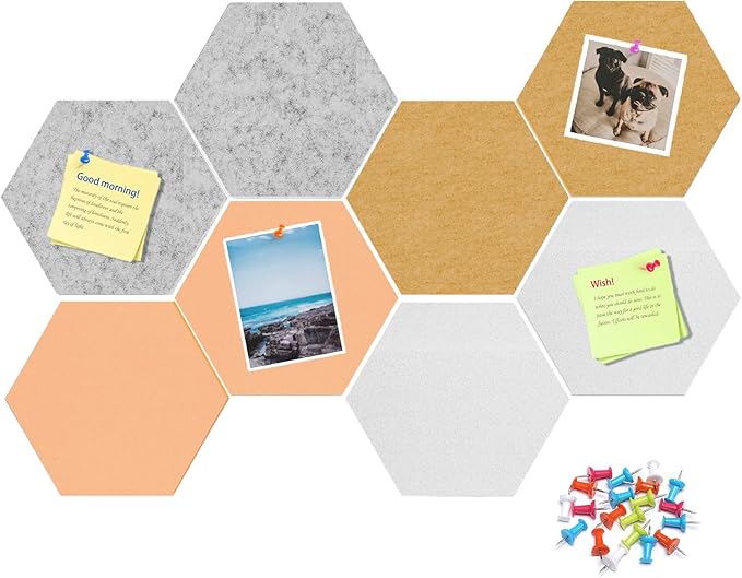 12" Large Bulletin Board with 30 Push Pins, Pack of 8 Hexagon Felt Pin Board Notice Boards for Home Office Kitchen, Felt Wall Tiles for Photos Memos (White Yellow)