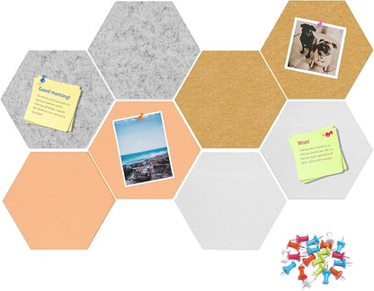 12" Large Bulletin Board with 30 Push Pins, Pack of 8 Hexagon Felt Pin Board Notice Boards for Home Office Kitchen, Felt Wall Tiles for Photos Memos (White Yellow)