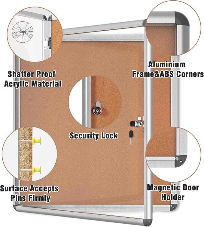 28"x26" Enclosed Bulletin Board, Lockable Weather-Resistant Aluminum Cork Noticeboard for School & Office, Silver Frame w/Cork
